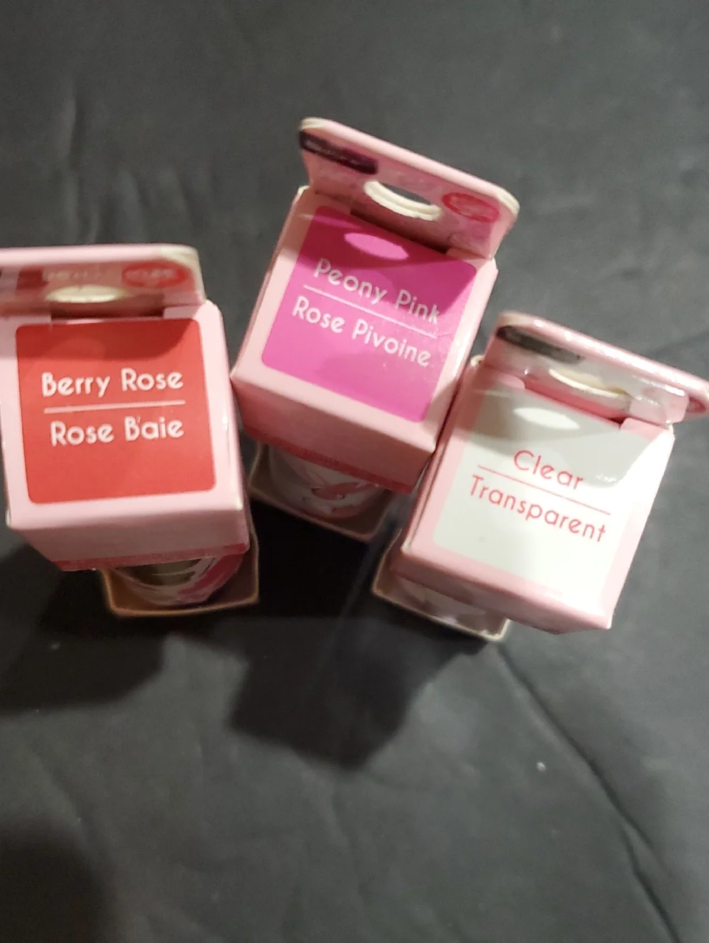 3pack hydrating rose oil infused lipsticks in berry rose, Clear & Peony pink new